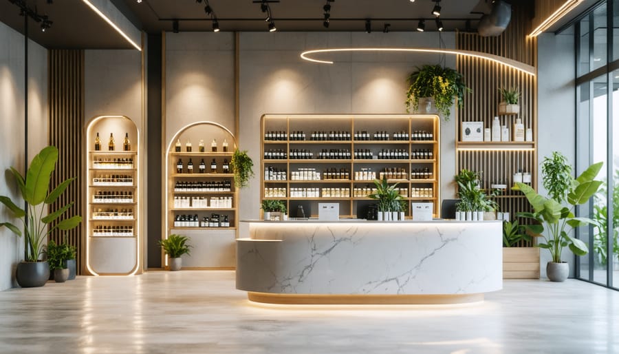 Contemporary vape store interior featuring wood accents, glass displays, and wellness product sections