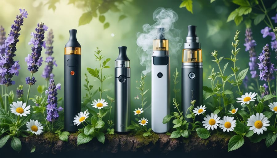 An artistic representation of wellness vaping, featuring herbal elements like lavender and chamomile intertwined with modern vaping devices, symbolizing the merger of traditional healing with new technology.