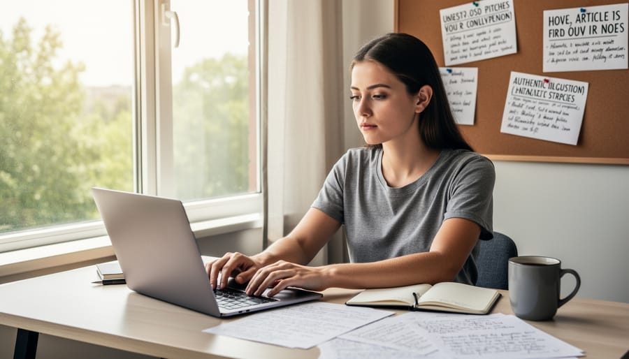 Woman writing in journal while researching content on smartphone in natural light