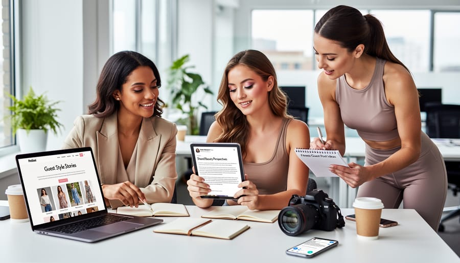 Women collaborating on content creation at laptop in modern workspace
