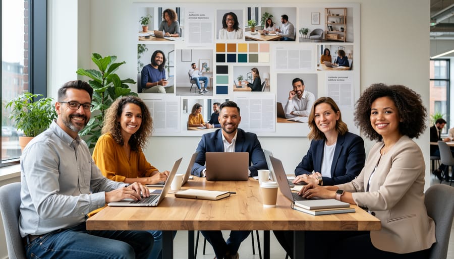 Overhead view of person working on laptop surrounded by fashion, beauty, and fitness materials