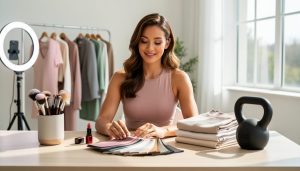Lifestyle creator at a studio table with makeup brushes, red lipstick, fabric swatches, folded activewear, and a kettlebell, with a clothing rack and ring light softly blurred in the background under natural light.
