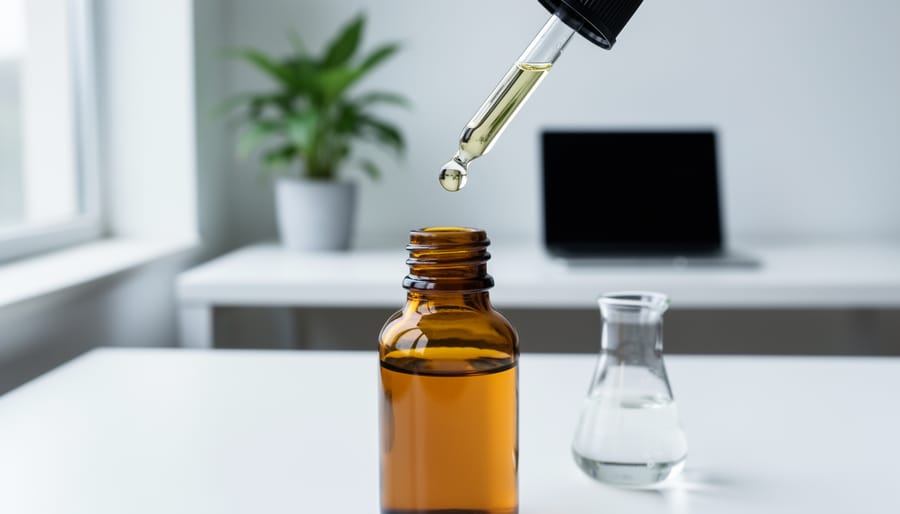 Unlabeled amber dropper bottle with pipette holding a clear oil droplet on a white surface in soft daylight, with a blurred minimalist home office, closed laptop, and potted plant in the background, evoking calm, THC-free CBD wellness.
