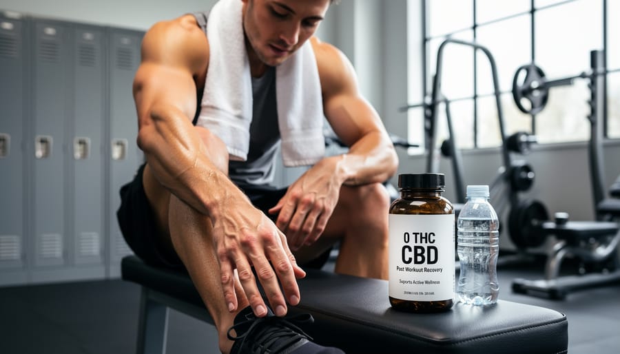 Woman applying CBD topical cream after yoga workout in modern fitness studio