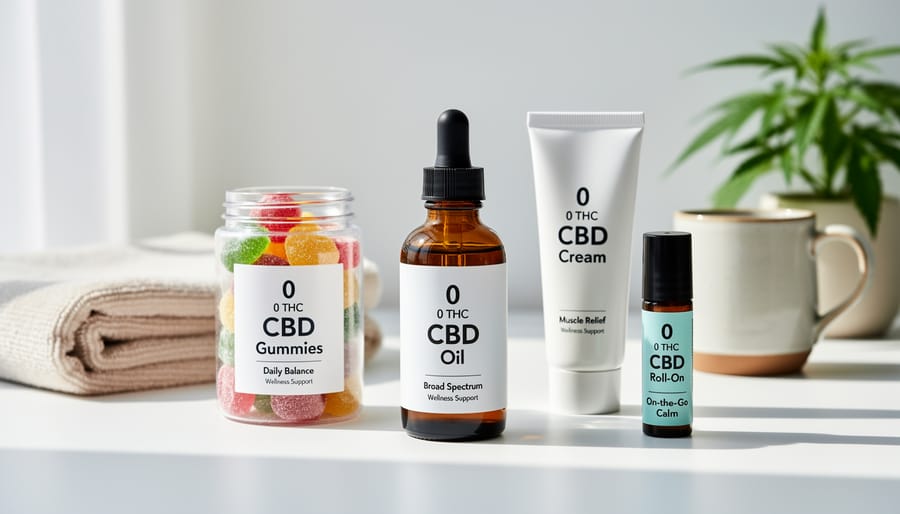 Variety of zero THC CBD products including oils, topicals, and edibles arranged on linen