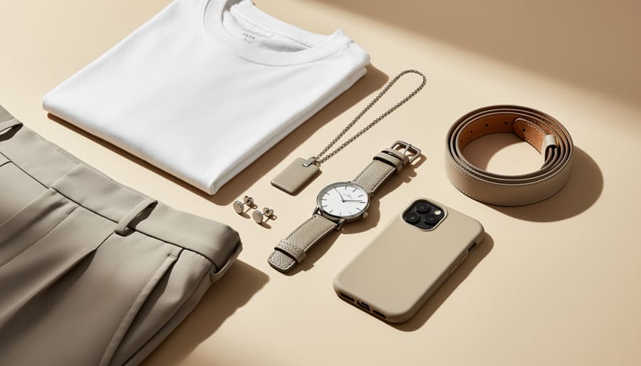 Flat lay of minimalist fashion accessories including jewelry, watch, bag and sneakers in neutral tones