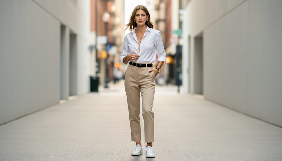 Woman in minimalist chic outfit featuring white shirt and neutral trousers with refined accessories