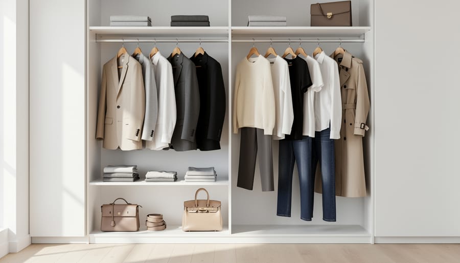 Minimalist wardrobe with neutral-colored quality garments on wooden hangers