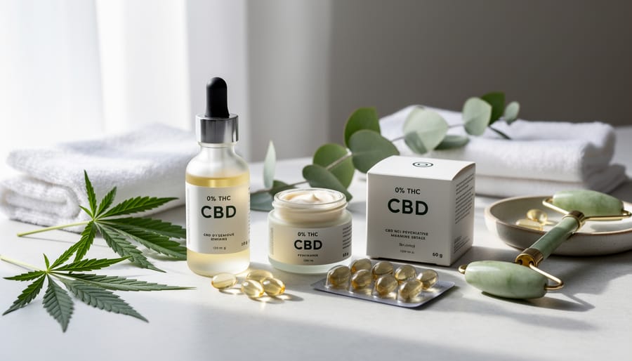 Elegant CBD oil bottle on marble surface with eucalyptus and wellness accessories