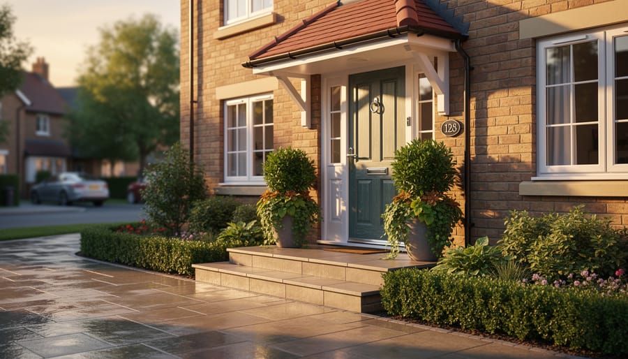 Bright, well-kept front entrance of a suburban home with symmetrical planters, a tidy garden edge, and a clean driveway in golden hour light.