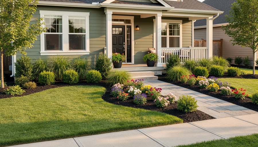 Landscaped front yard with trimmed lawn, mulched beds, and flowering plants near a home entrance.
