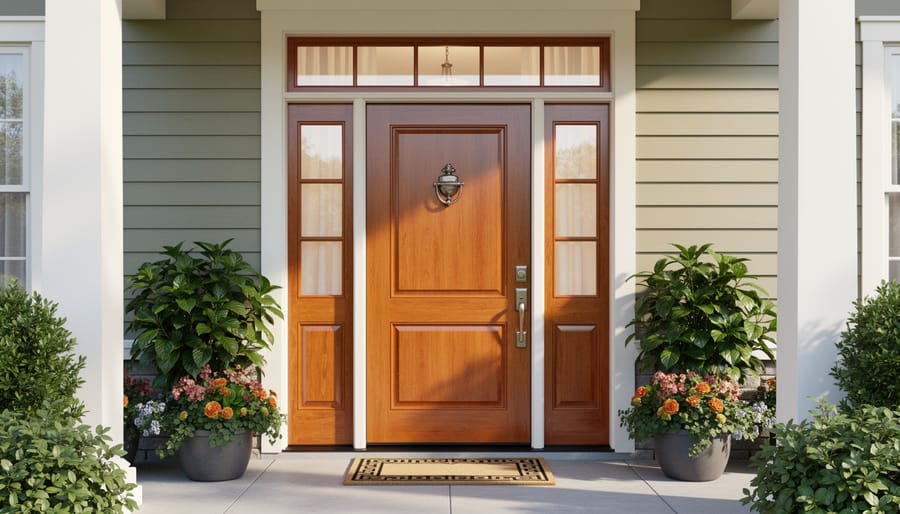 Staged front entry with a refreshed front door, brass hardware, wreath, and symmetrical planters.