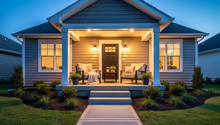 Staged porch seating lit at dusk with warm lights and comfortable outdoor decor.