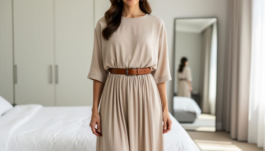Belt cinching the waist over an oversized shirt with visible buckle and leather texture