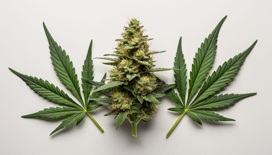 Cannabis flower buds and hemp leaves on a wooden table in soft natural light