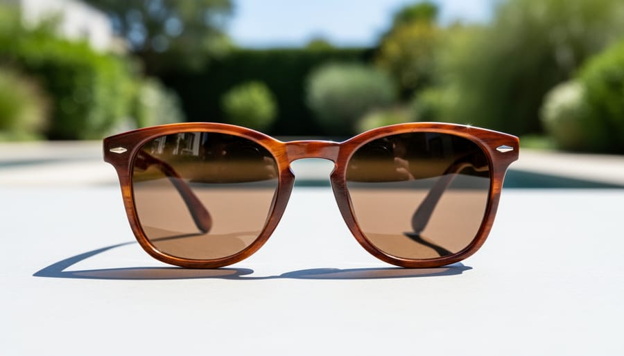 Classic sunglasses arranged on a folded white shirt and scarf