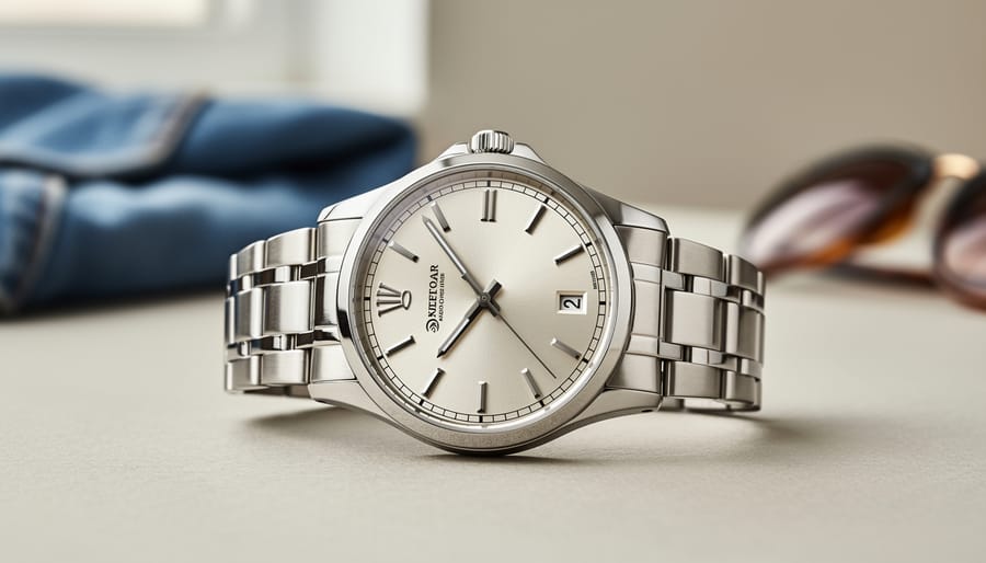 Close-up of a classic statement watch with a leather strap on a wooden surface