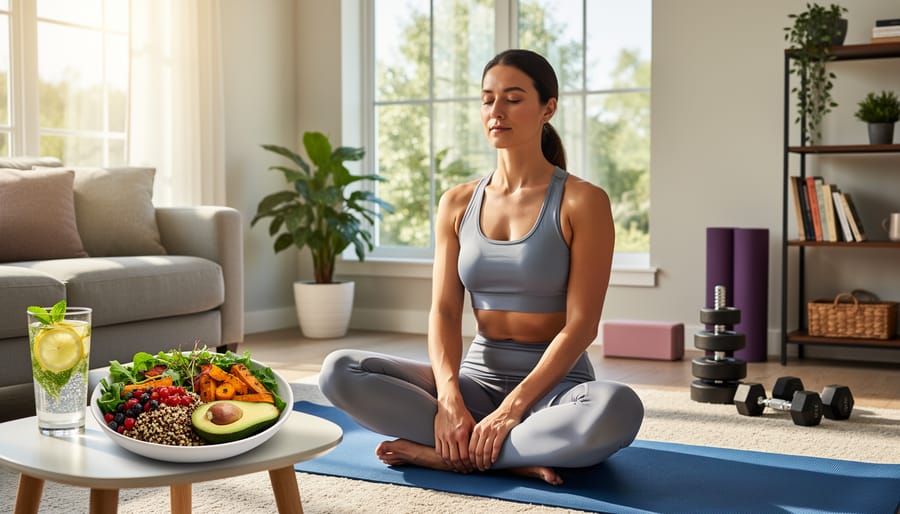 Colorful salad ingredients on a wooden counter with a yoga mat and gentle stretching in the foreground