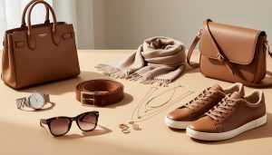 Close-up of neatly arranged fashion essential accessories including a structured handbag, classic watch, leather belt, statement sunglasses, delicate jewelry, scarf, crossbody bag, and comfortable sneakers.