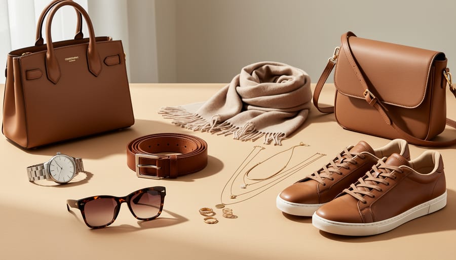 Close-up of neatly arranged fashion essential accessories including a structured handbag, classic watch, leather belt, statement sunglasses, delicate jewelry, scarf, crossbody bag, and comfortable sneakers.