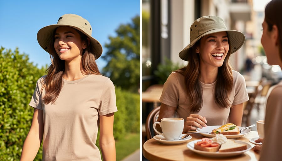 Hat displayed on a café table with sunglasses and small accessories in soft light