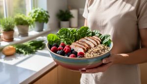 Person holding a colorful bowl of leafy greens, berries, lean protein, and whole grains in a bright kitchen.