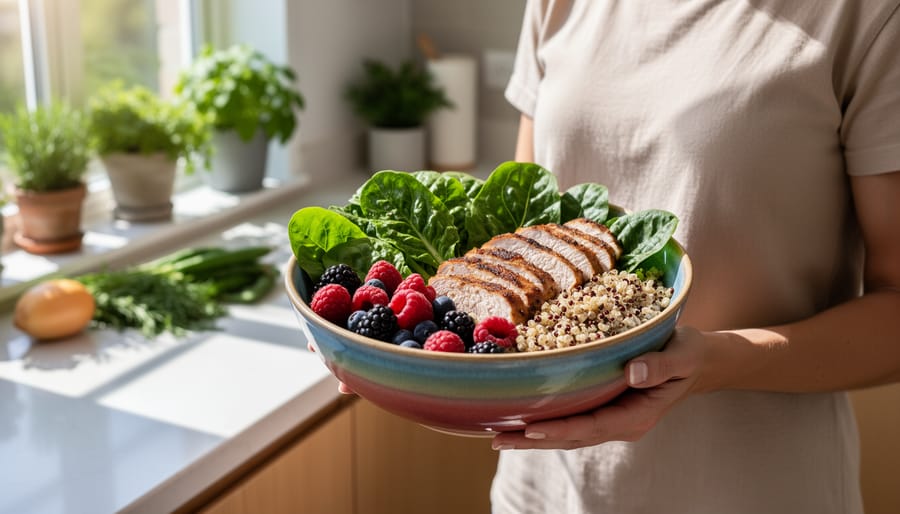 Person holding a colorful bowl of leafy greens, berries, lean protein, and whole grains in a bright kitchen.
