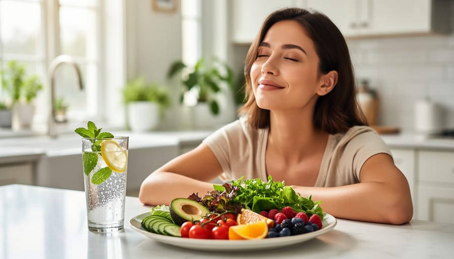 Person applying moisturizer to the cheek beside a bowl with floating cucumber slices