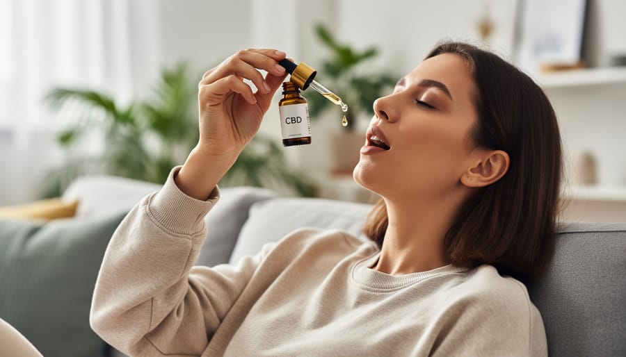 Person holding a dropper bottle of cannabis oil in a warm, sunlit room