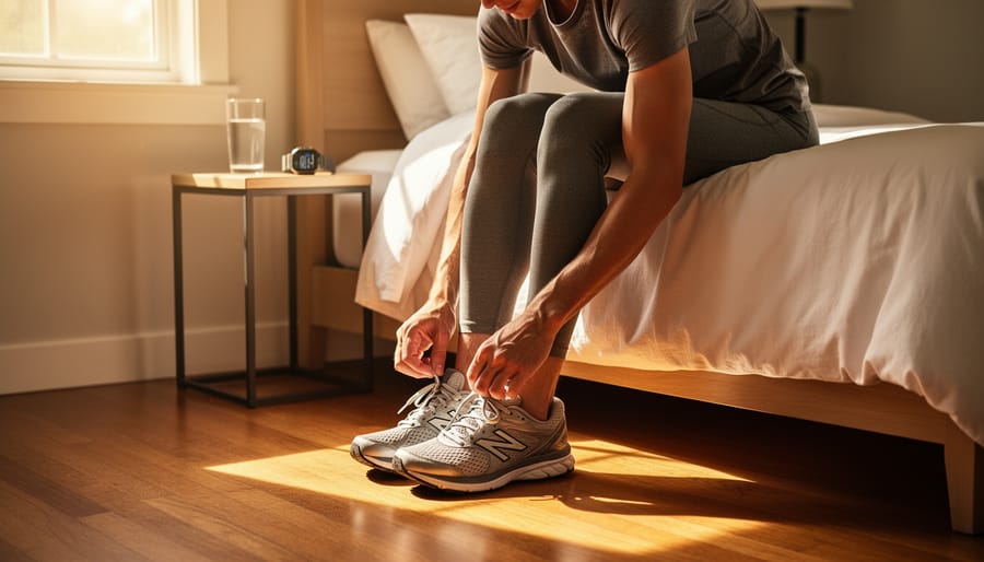 Person tying running shoes on a sunlit balcony with a calm morning atmosphere in the background