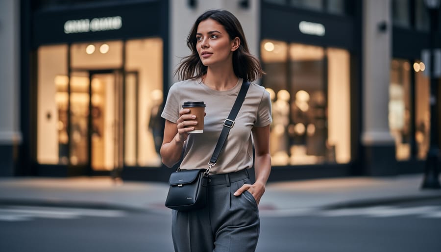 Person wearing a crossbody bag across the chest in a city street scene