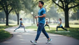 Person taking a relaxed outdoor walk in athletic sneakers in a calm park setting, representing the connection between physical movement and mental well-being.