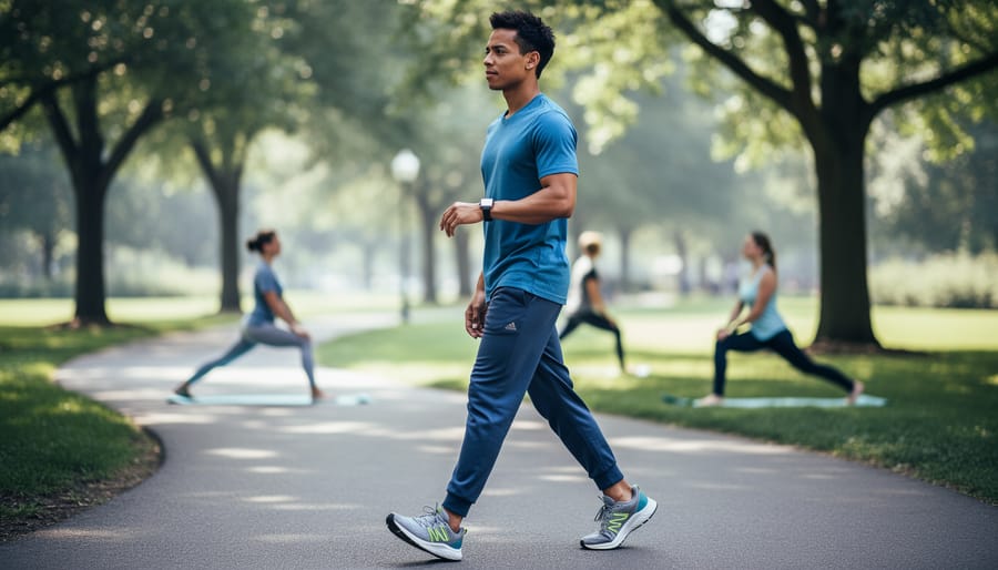 Person taking a relaxed outdoor walk in athletic sneakers in a calm park setting, representing the connection between physical movement and mental well-being.