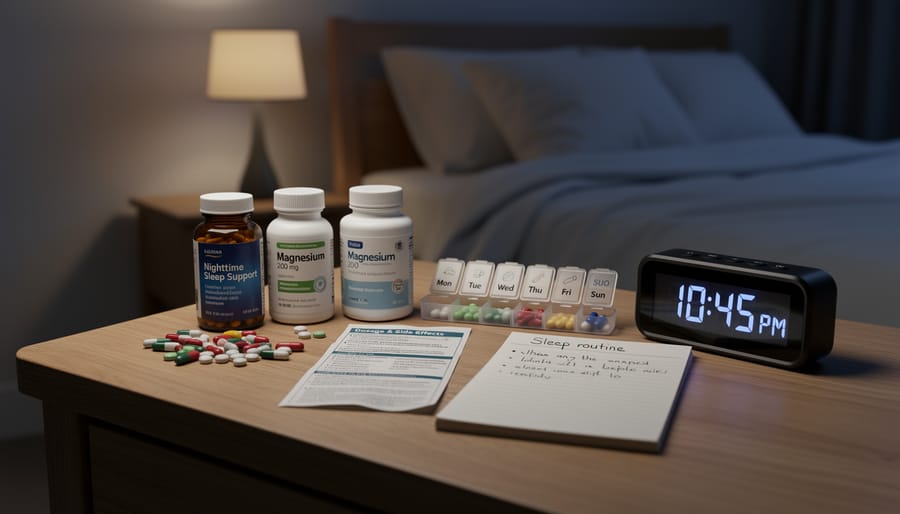 Still life of capsules and pill organizer on a bedside table under warm lamp light