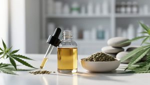 Glass dropper bottle with amber liquid and cannabis leaves on a modern wellness countertop, styled with hemp seeds and a blurred shelf background.