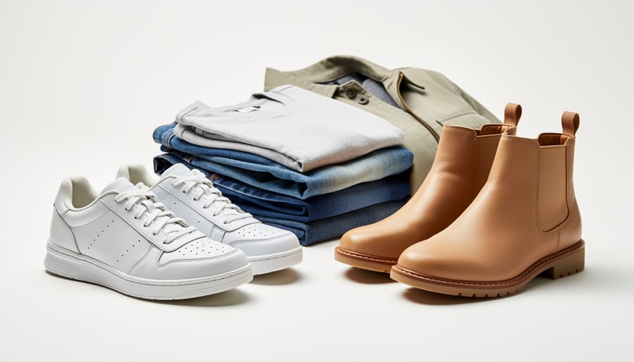 White sneakers and ankle boots arranged near a doorway in natural morning light