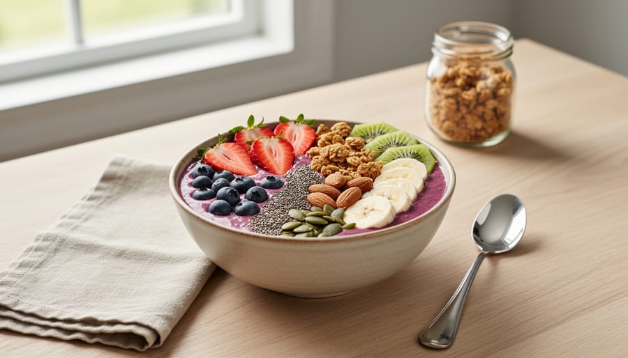 Woman holds a smoothie bowl topped with berries, banana slices, chia seeds, and nuts in a bright kitchen