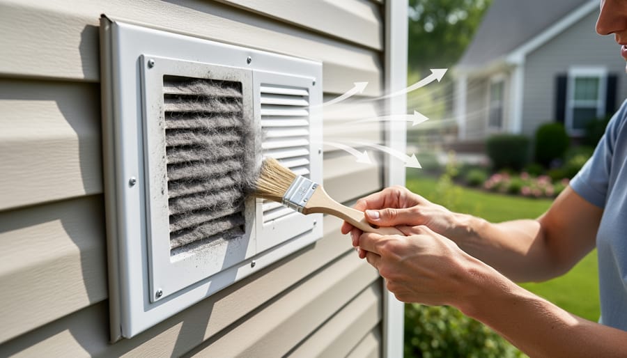 A person vacuuming lint from the exterior dryer vent hood on a house wall