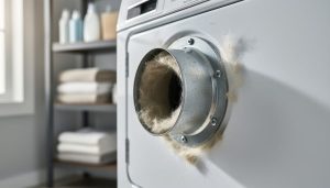 Close-up of lint buildup clogging the dryer vent opening behind a laundry dryer, with the surrounding laundry room slightly blurred.