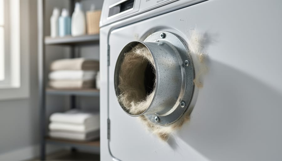 Close-up of lint buildup clogging the dryer vent opening behind a laundry dryer, with the surrounding laundry room slightly blurred.