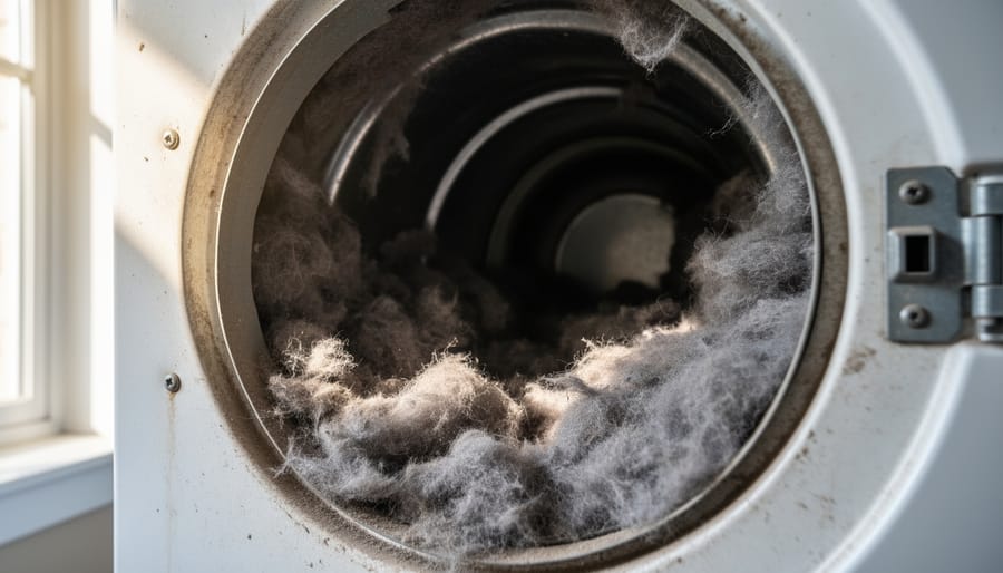 A technician’s gloved hand inspecting lint buildup inside an opened dryer vent area