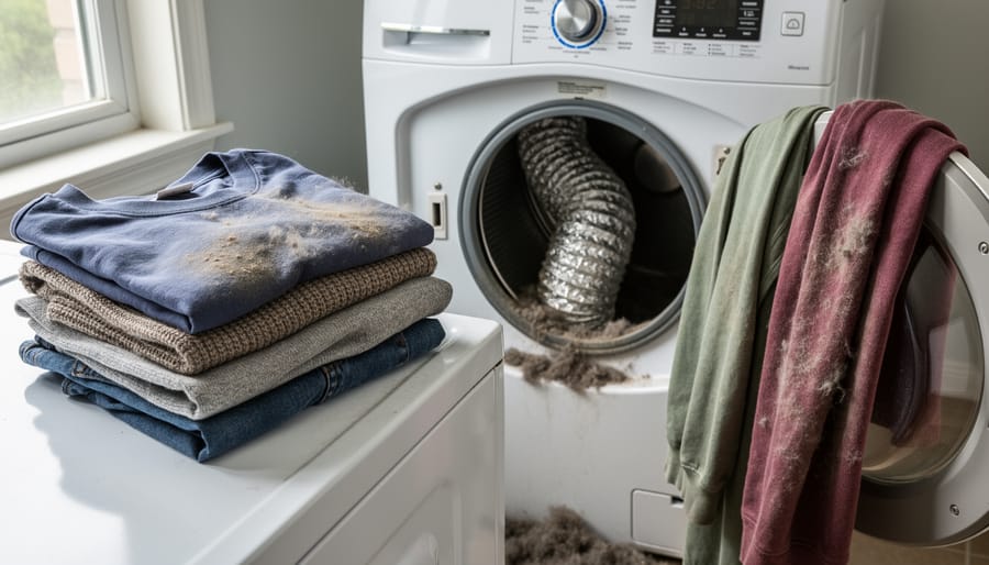 Faded, pilled, and stretched clothing placed near a dryer in a laundry room