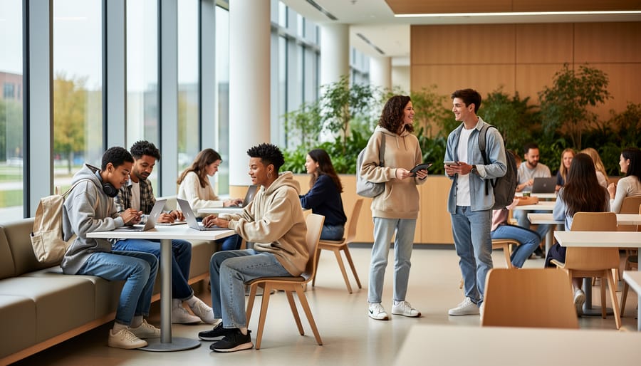 Diverse students walking through a modern university campus wearing contemporary casual and smart-casual outfits.