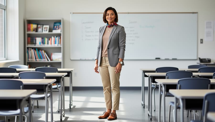 Close-up of hands adjusting a teacher’s blazer over a sweater in front of a softly blurred classroom background.