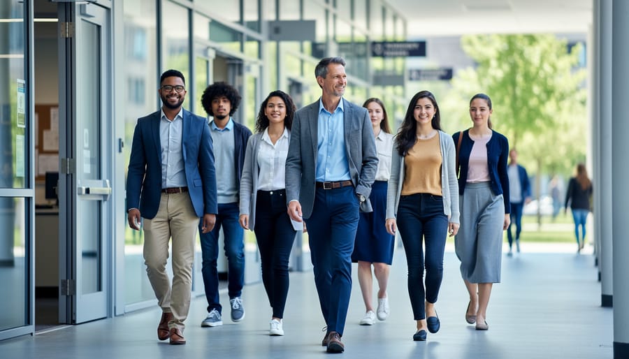 Students and an educator walking through a modern university campus corridor wearing contemporary, classroom-appropriate outfits.