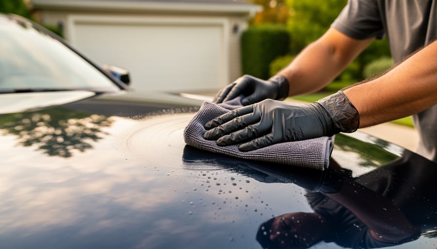 “Gloved hands applying car wax in circular motion on a dark car hood during a calm Sunday morning at home.”