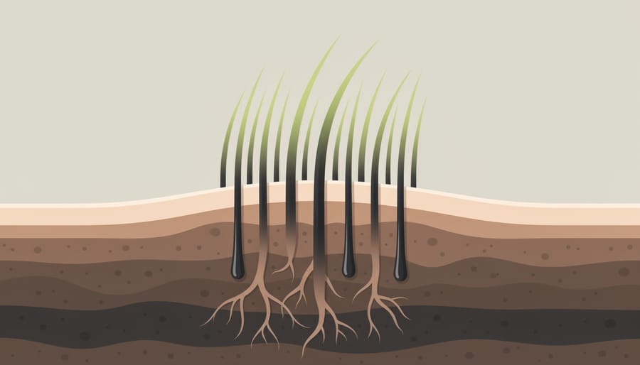 Macro view of healthy plant roots in dark soil with moisture glinting in warm sunlight.