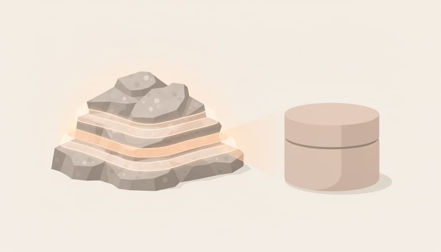 Layered sparkling mineral rock fragment next to a small jar of cosmetic powder in warm light