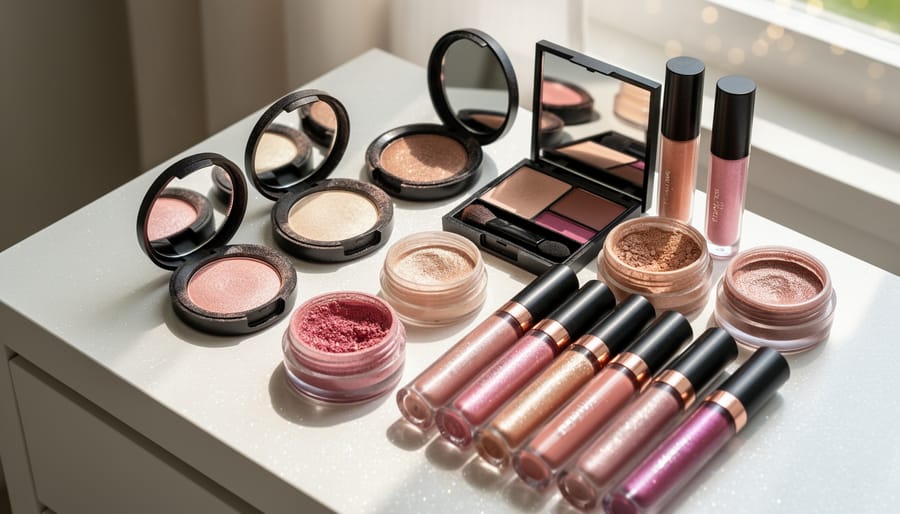 Highlighter and eyeshadow products with reflective shimmer on a marble vanity surface