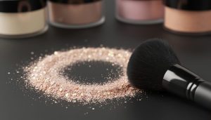 Macro close-up of iridescent mica shimmer powder on black ceramic with a makeup brush catching the light.